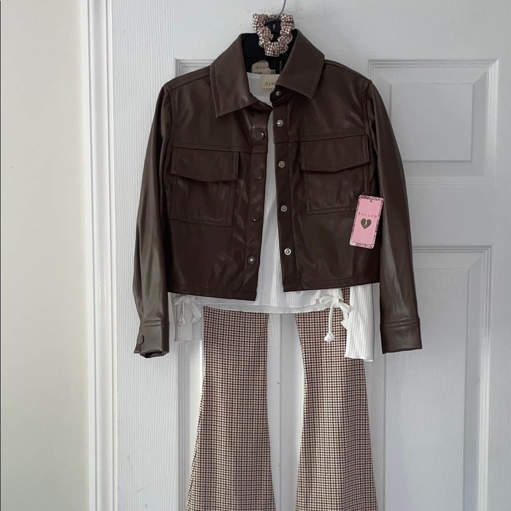 Girls Brown Faux Leather Jacket and Plaid Pants Set